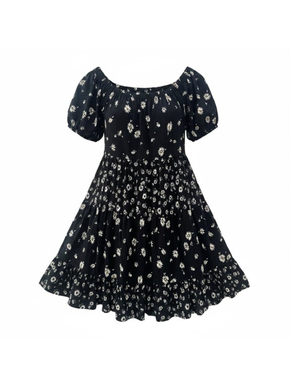 Maurices Size M Peasant Puffy Sleeved Mini Sundress Black Floral Tiered Ruffle